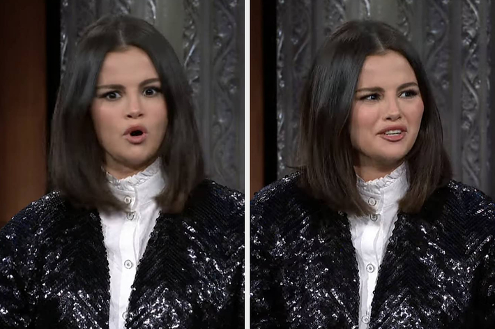 Selena Gomez looking shocked on a talk show