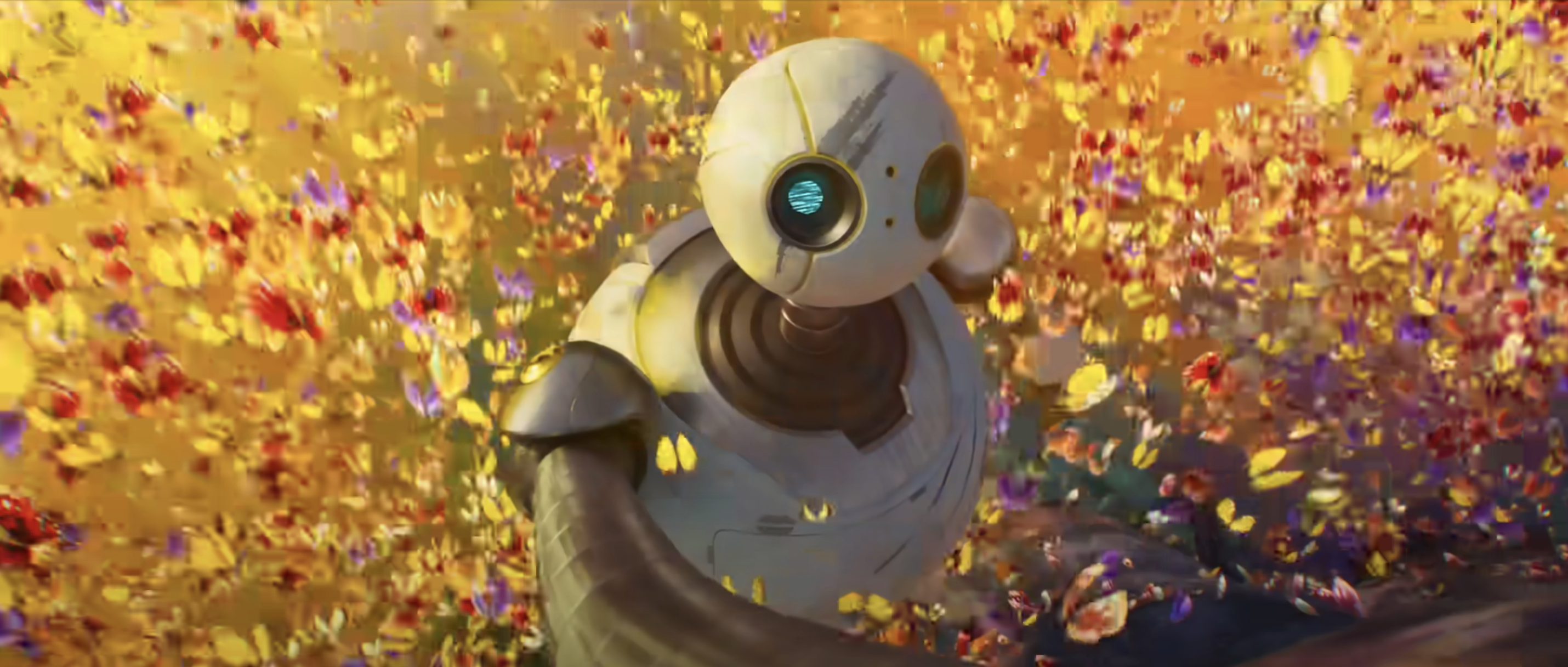 Animated robot surrounded by a vibrant swarm of colorful leaves or petals in a whimsical scene from The Wild Robot