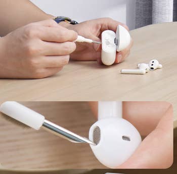 The pen in action cleaning a small airpod speaker 