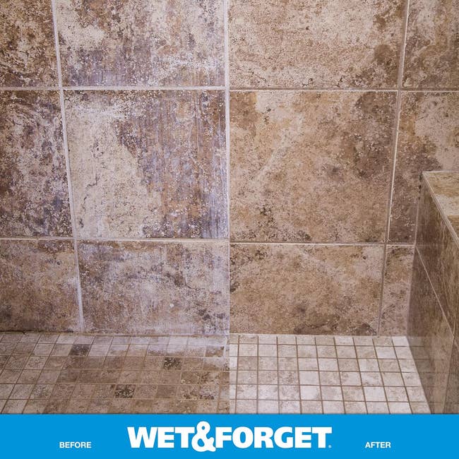 Before and after images of a tiled bathroom wall and floor using Wet & Forget cleaning product