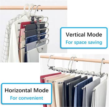 Pants hangers shown in vertical and horizontal modes, illustrating space-saving and convenience benefits for efficient closet organization