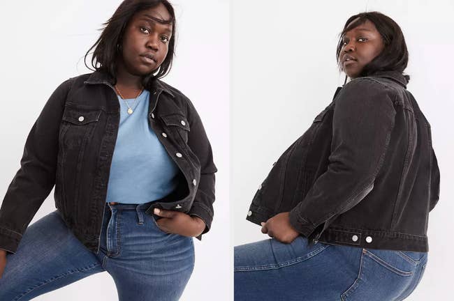 Model wearing fitted black denim jacket with chest pockets and silver buttons paired with light blue shirt and jeans, side and back view of model in product in blue jeans