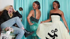 Lindsay watches shocked as Freddie models in two dresses: a teal fringe dress and a 1950s fit 'n flare ivory velvet dress with bow