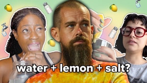 Viv (left) holds a mason jar of lemon salt water in disgust. Jack Dorsey (Twitter co-founder) Getty image is centered. Carolina (right) squeezes a lemon into a glass of water. Lemon, salt shaker, and glass of water emojis decorate the backdrop.