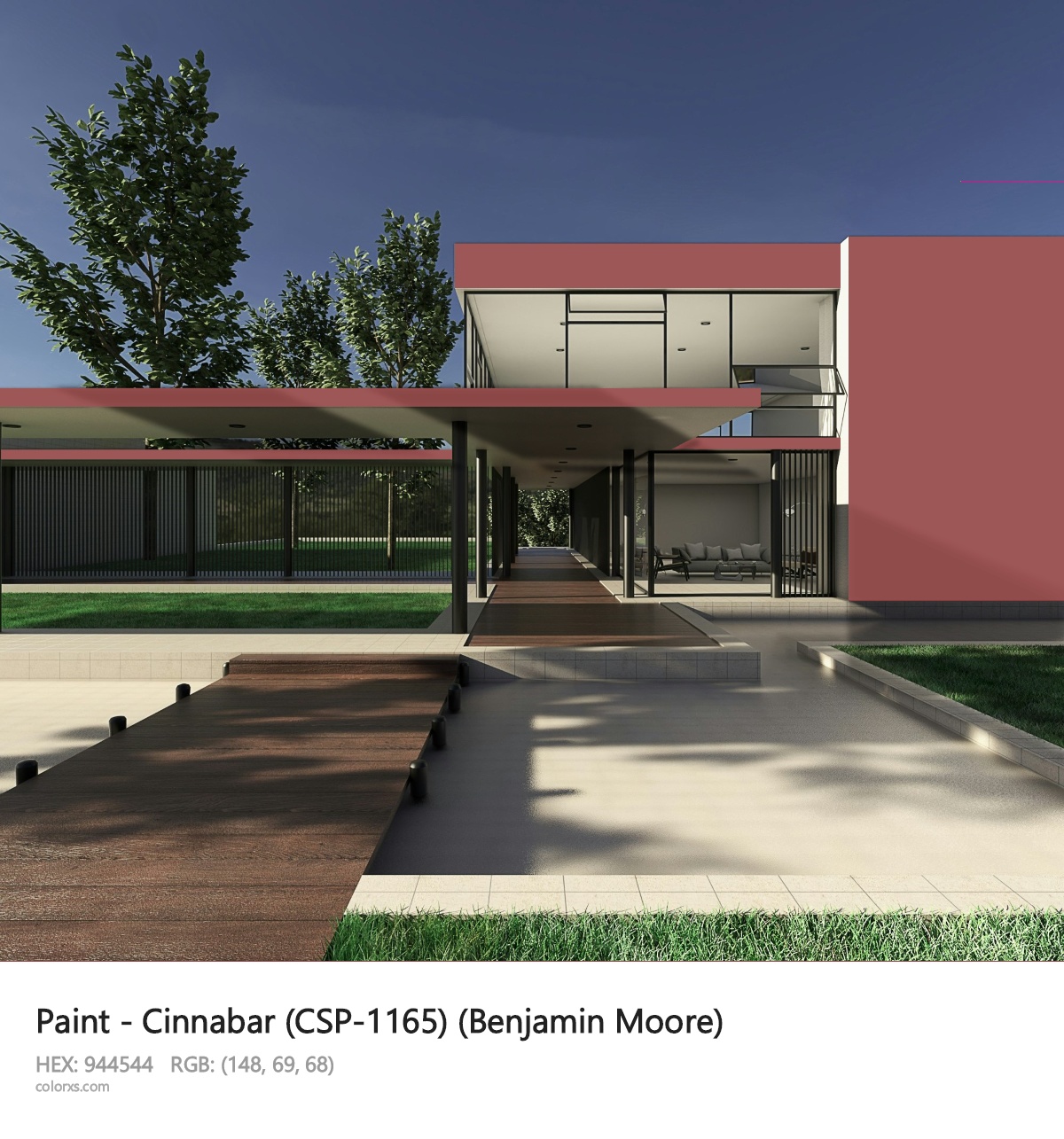 Benjamin Moore Cinnabar (CSP-1165) Paint exterior design modern house with walkway