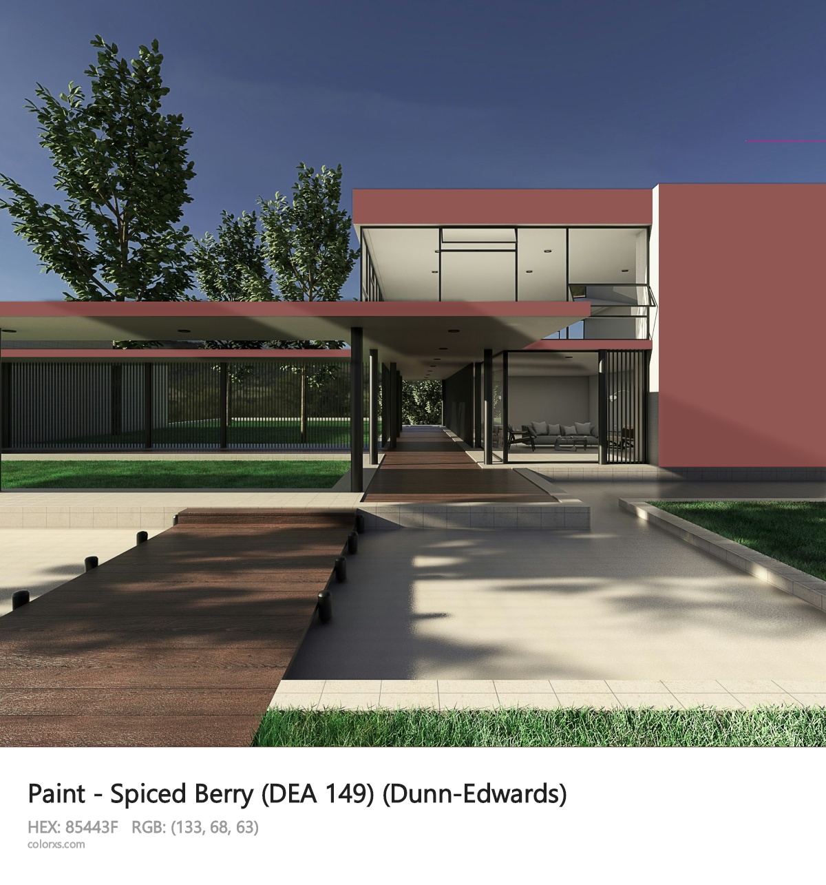 Dunn-Edwards Spiced Berry (DEA 149) Paint exterior design modern house with walkway