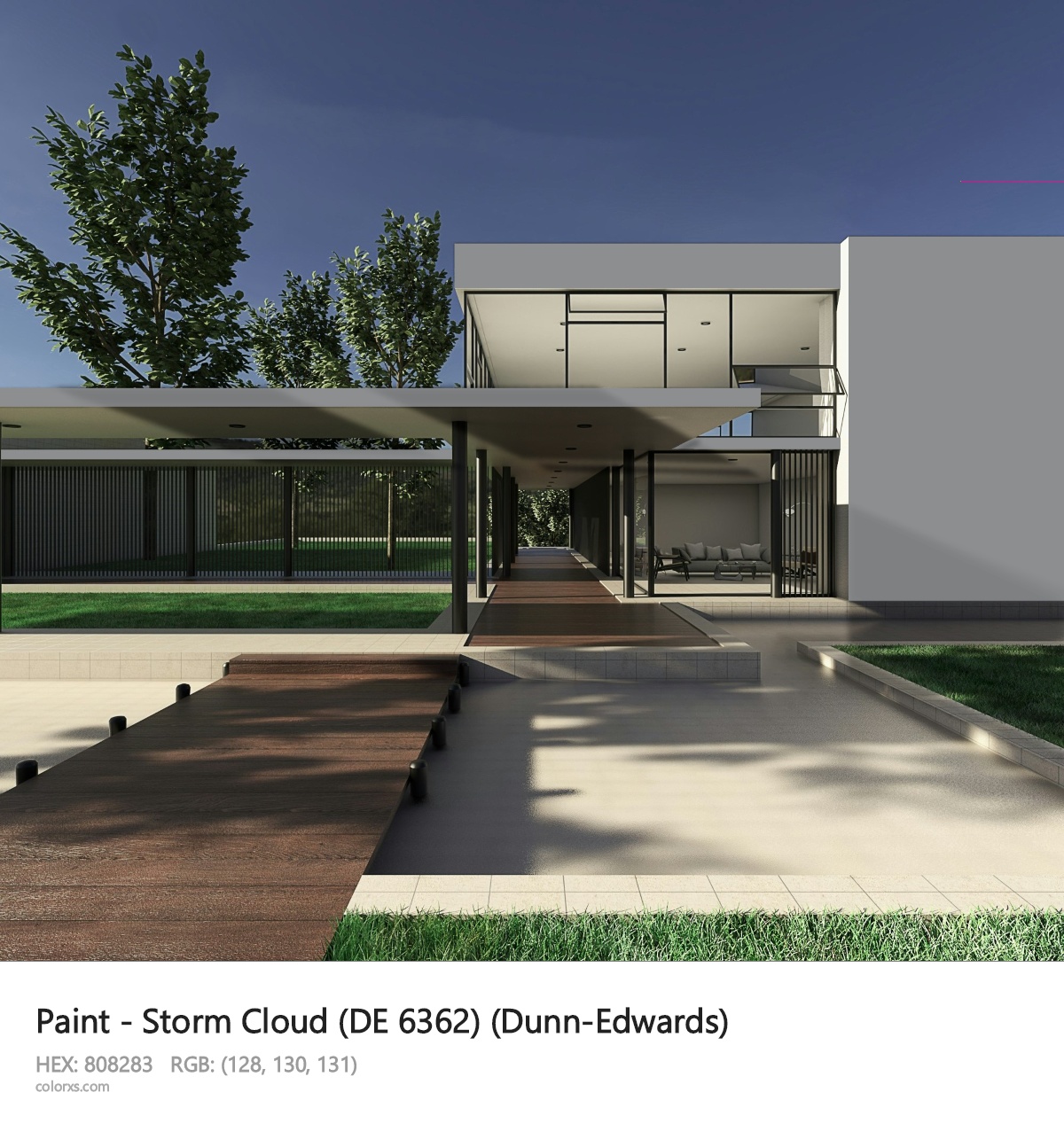 Dunn-Edwards Storm Cloud (DE 6362) Paint exterior design modern house with walkway