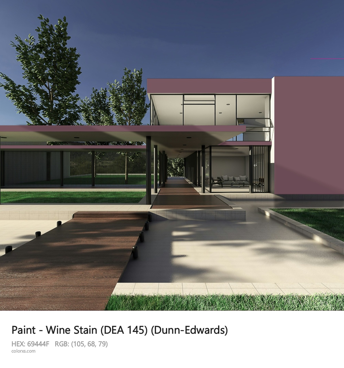 Dunn-Edwards Wine Stain (DEA 145) Paint exterior design modern house with walkway