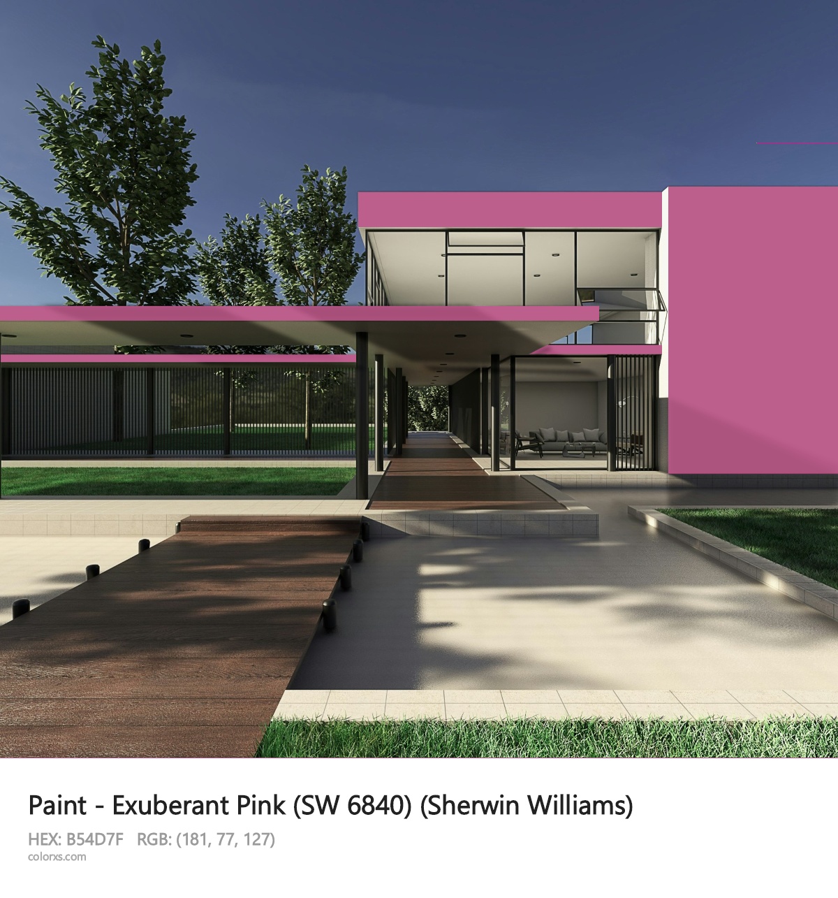 Sherwin Williams Exuberant Pink (SW 6840) Paint exterior design modern house with walkway