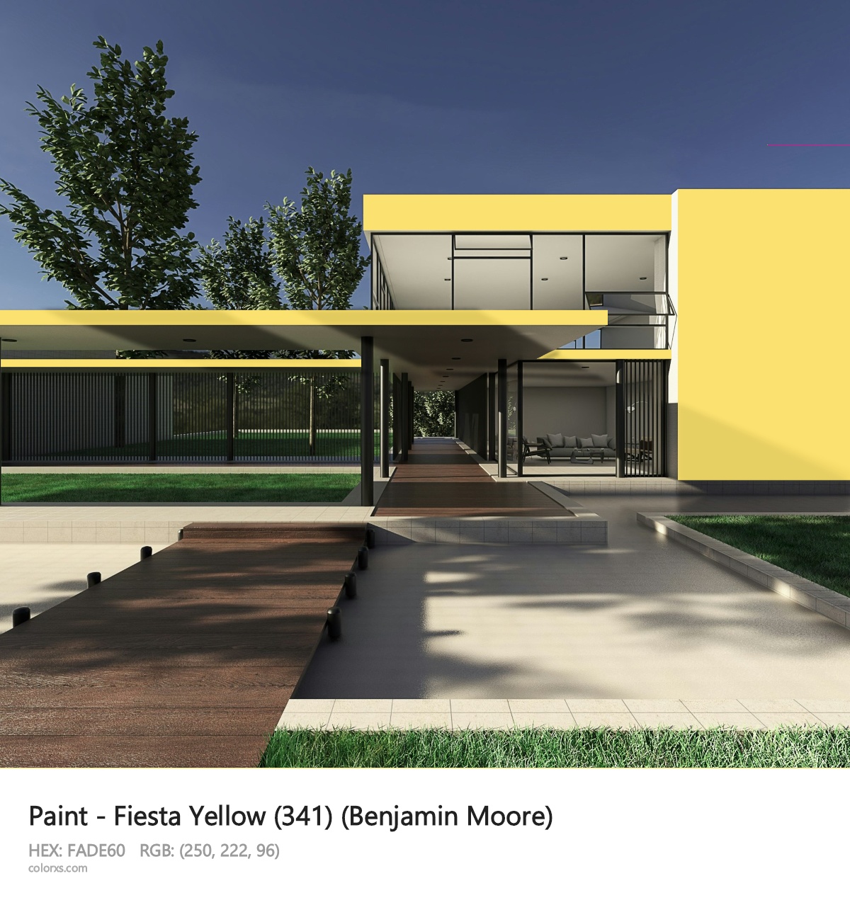 Benjamin Moore Fiesta Yellow (341) Paint exterior design modern house with walkway