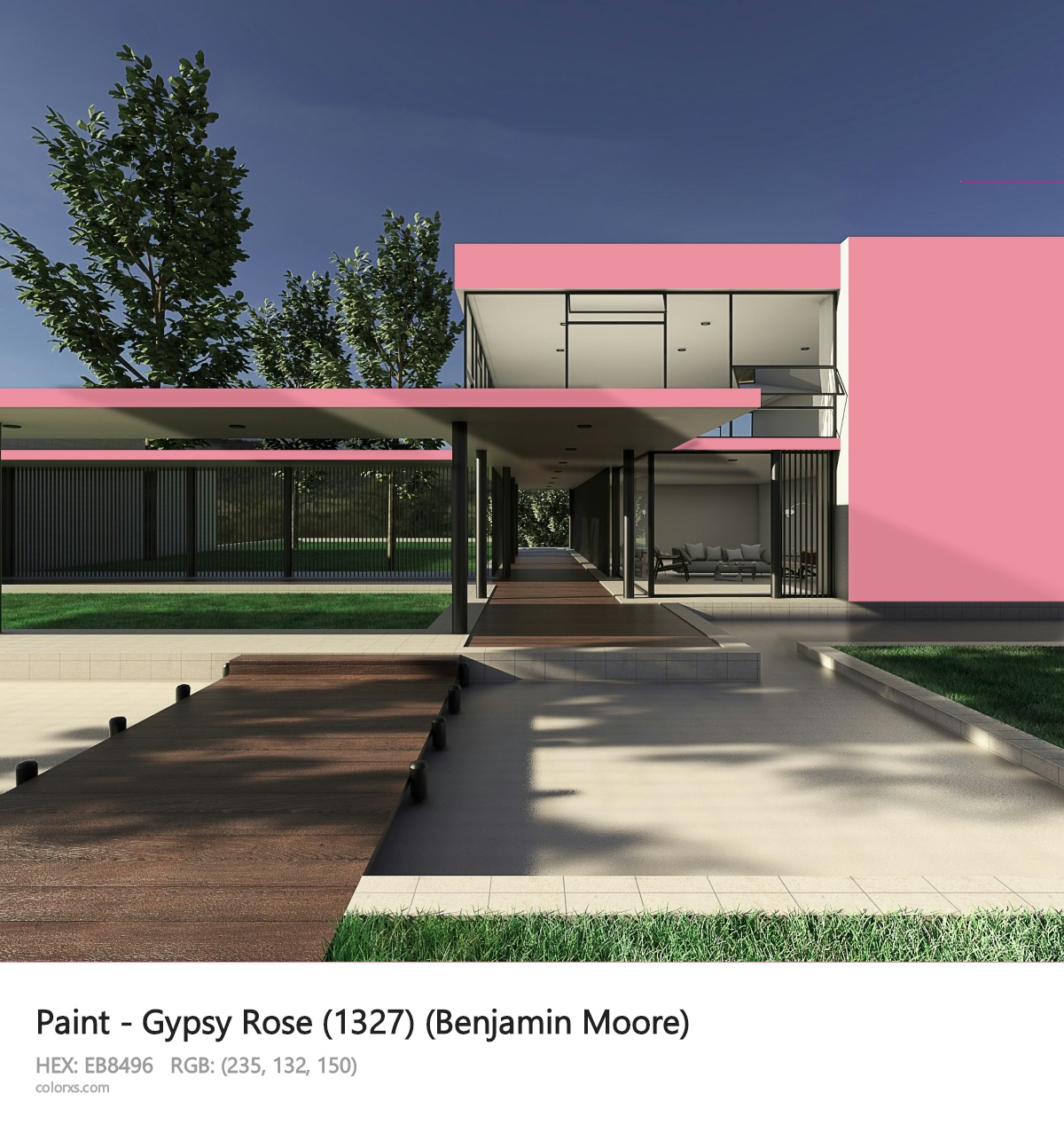 Benjamin Moore Gypsy Rose (1327) Paint exterior design modern house with walkway