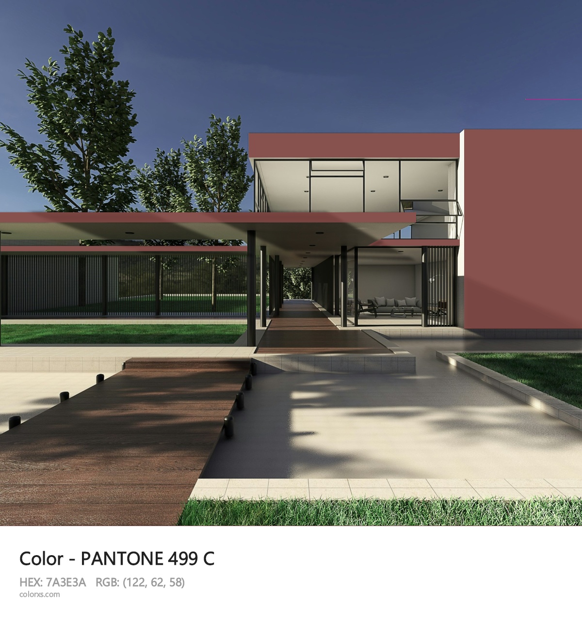 PANTONE 499 C CMS exterior design modern house with walkway