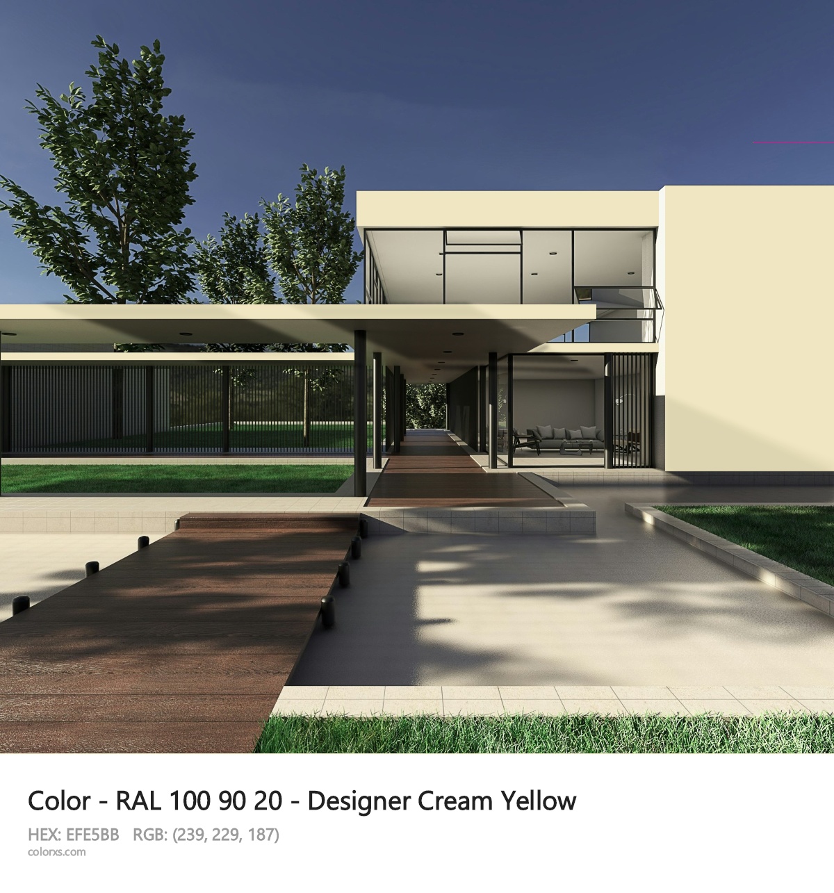 RAL 100 90 20 - Designer Cream Yellow CMS exterior design modern house with walkway