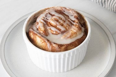 Single-serving cinnamon roll in a ramekin