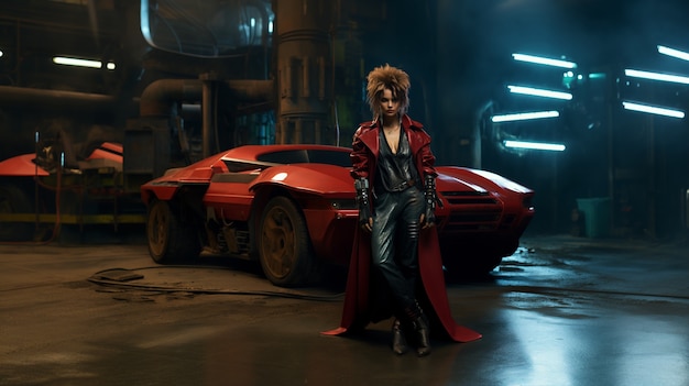 Cyberpunk mujer guerrera con coche