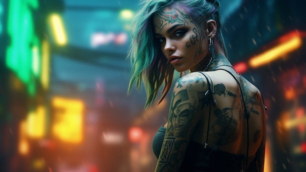 Cyberpunk mujer guerrera en paisaje urbano