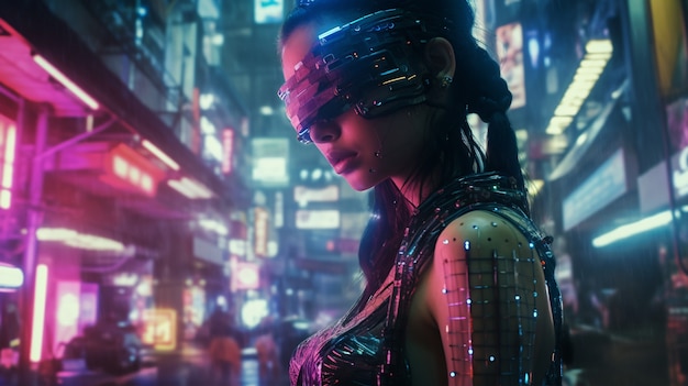 Cyberpunk mujer guerrera en paisaje urbano