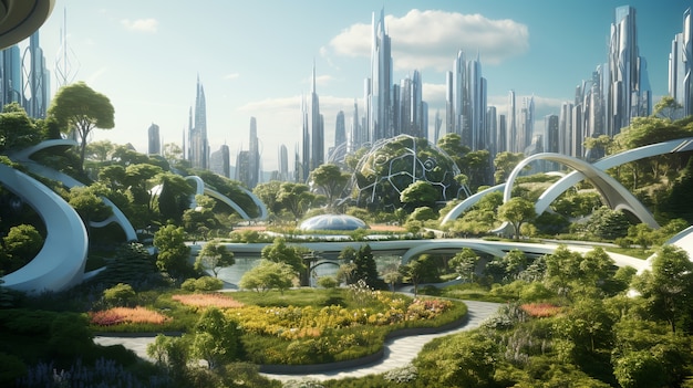 Edificios futuristas en la naturaleza.