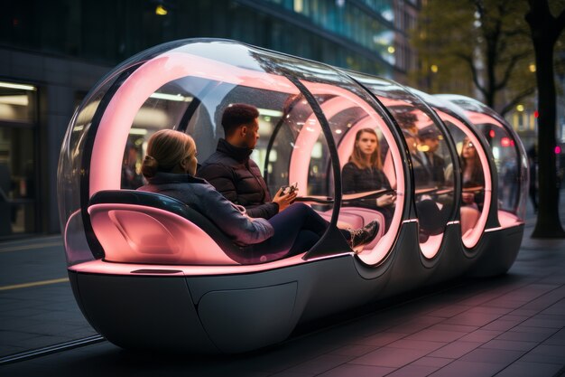 Medio de transporte futurista en una ciudad ultra moderna