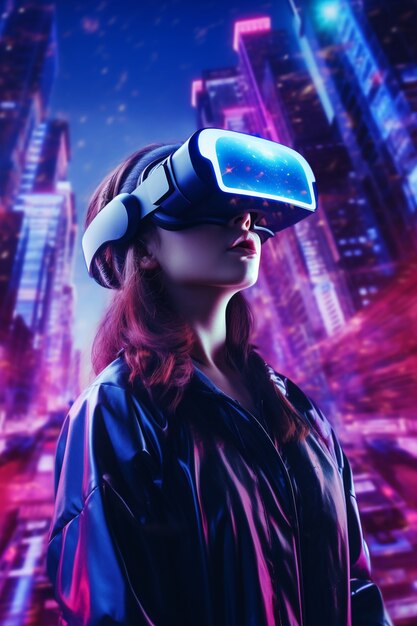 Mujer con gafas vr en ciudad futurista