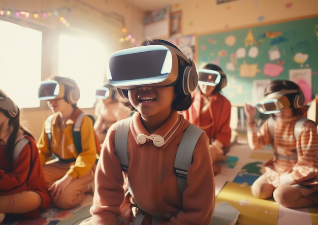 Niños con gafas vr en un aula escolar futurista abstracta