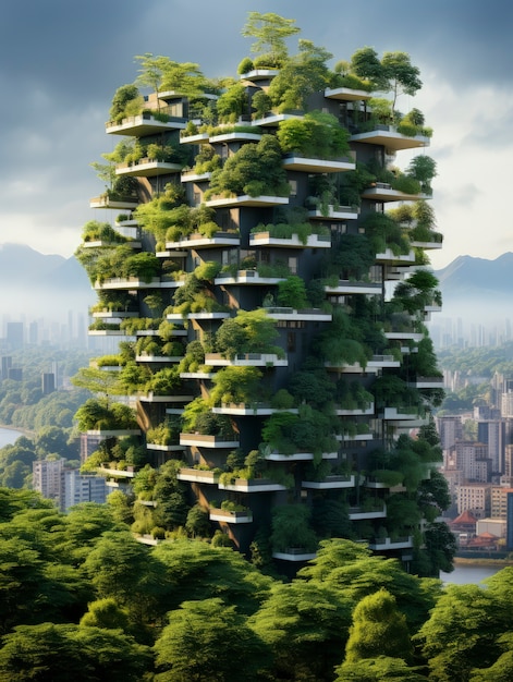 Vista de la ciudad futurista con mucha vegetación y verdor.