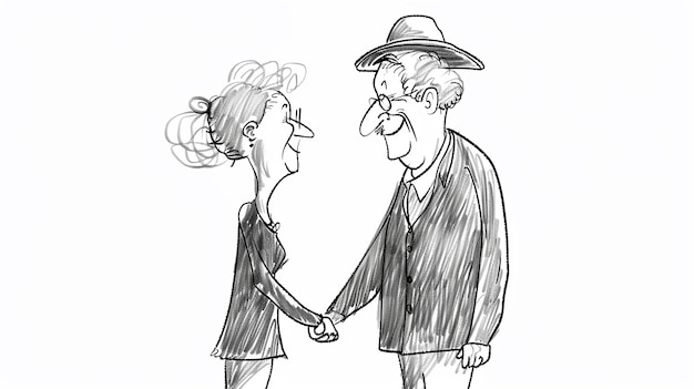 Monochrome Sketch Old Couple Dating Stick Figure Style