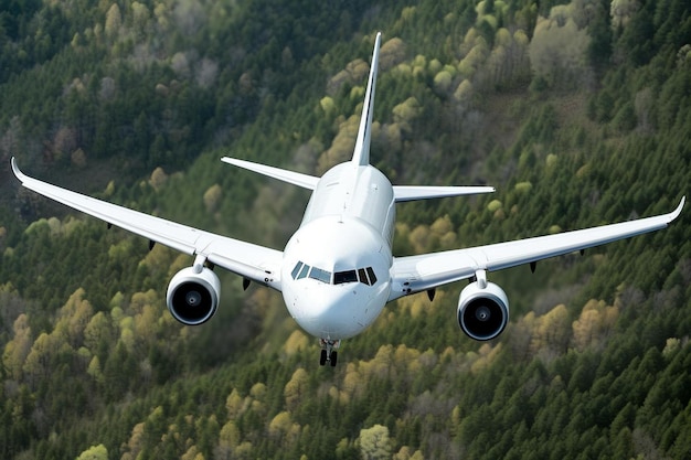 un aereo sta volando in aria con alberi sullo sfondo.