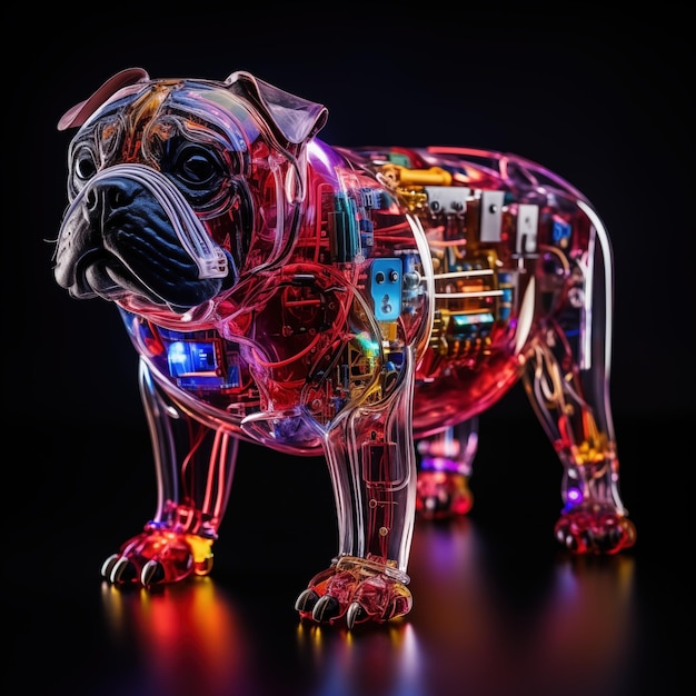 Diseño futurista de bulldog robot de IA con piel transparente y componentes de circuito eléctrico interno visibles