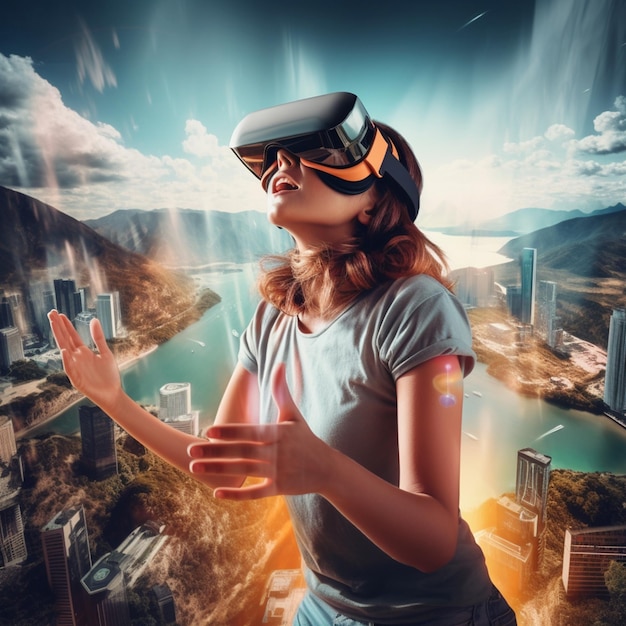 experiencia de realidad virtual donde los usuarios pueden explorar un mundo digitalmente inmersivo juego VR futurista