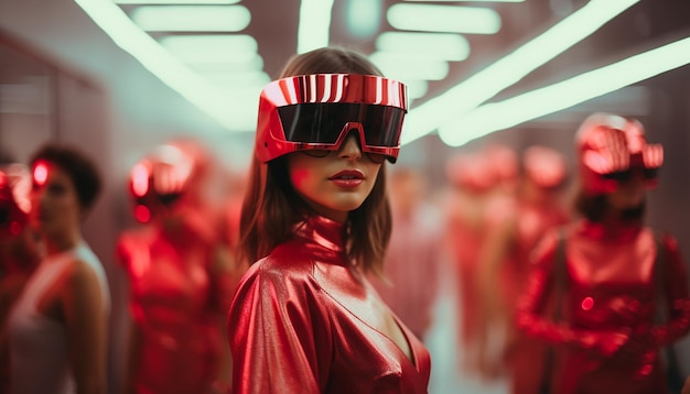 Foto retrofuturista de una fiesta de moda futurista