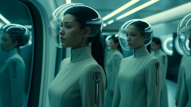 un grupo de mujeres con trajes futuristas paradas en un tren