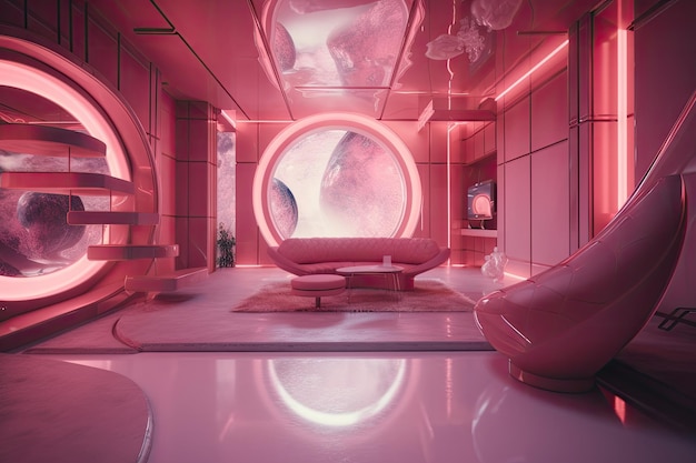 Interior futurista rosa con muebles flotantes y proyecciones holográficas.