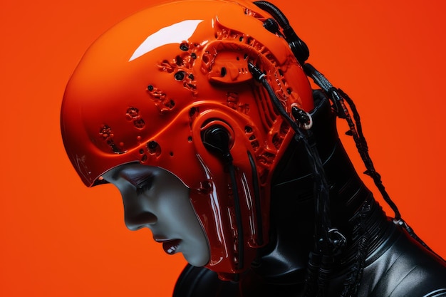 un maniquí con un casco naranja en un fondo naranja