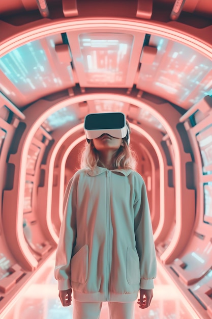 Niña jugando con gafas de realidad virtual en el interior Tendencia de la generación digital Diseño de cartel rosa