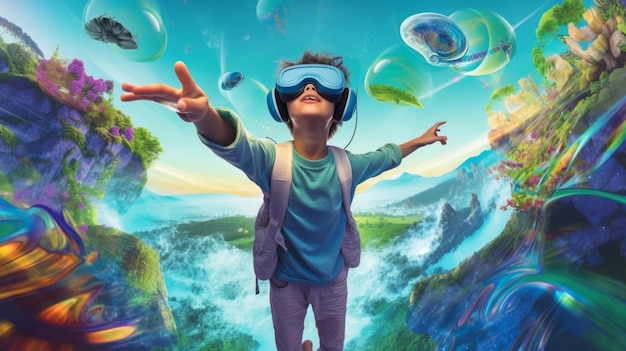 Un niño con gafas VR en un fantástico mundo de juegos imaginativo generado por Ai