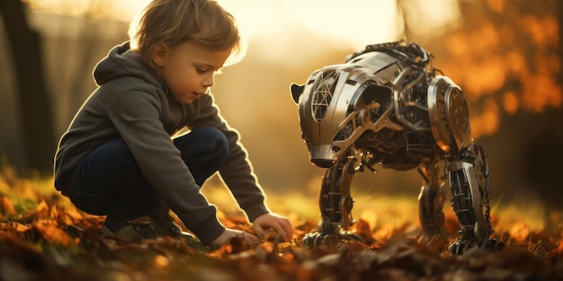 Un niño jugando con un perro robot en el otoño