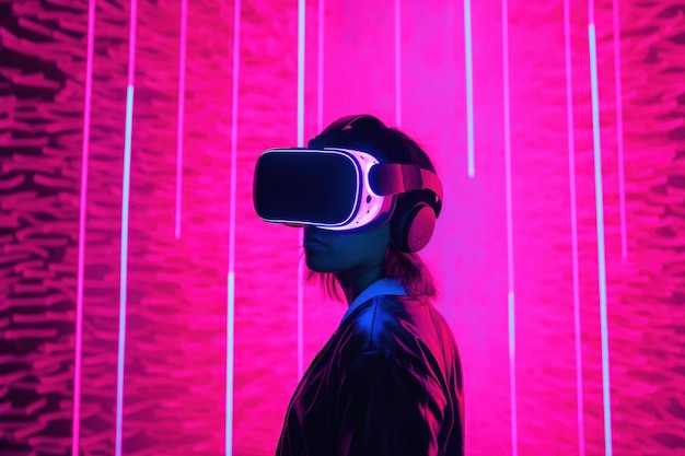 Una persona que lleva un casco de realidad virtual frente a un fondo rosa Imagen generativa de IA