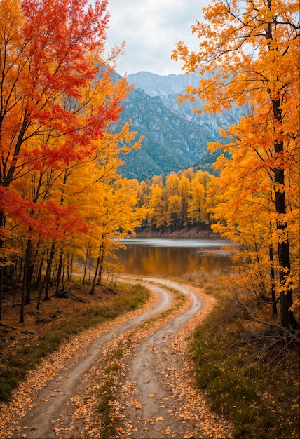 Foto gratuita paesaggio autunnale della strada forestale