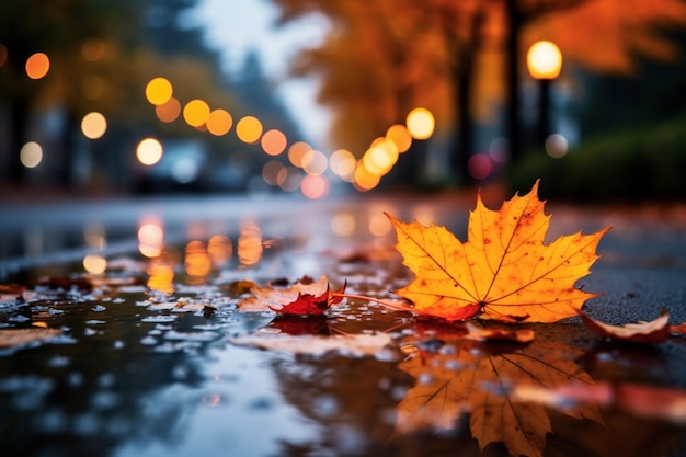 Foto gratuita foglia d'autunno in primo piano con le luci della città bokeh piovoso