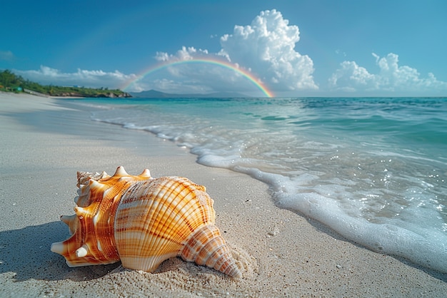 Foto gratuita bel paesaggio con l'arcobaleno su una spiaggia