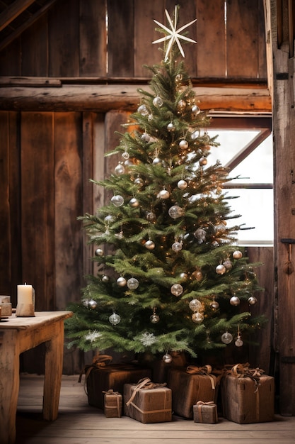 Foto gratuita albero di natale splendidamente decorato in cabina di legno