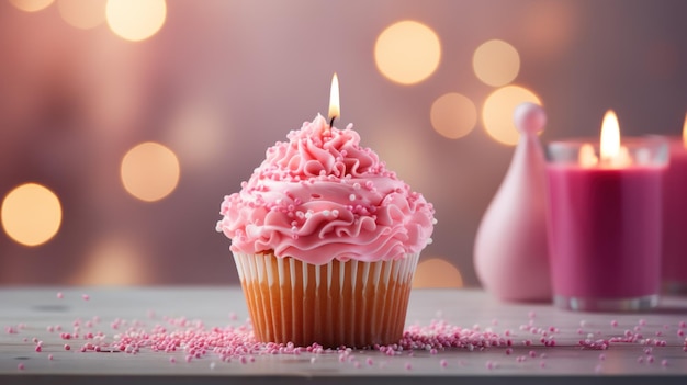 Foto gratuita torta di compleanno adornata con una candela e decorazioni rosa