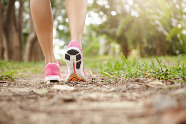 Foto gratuita ritagliata colpo di ragazza atleta in scarpe da corsa rosa escursioni nella foresta il giorno pieno di sole. montare gambe sottili di donna sportiva in scarpe da ginnastica durante l'allenamento da jogging. messa a fuoco selettiva sulla suola.