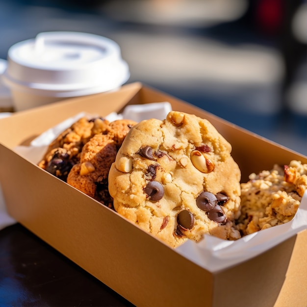 Foto gratuita deliziosa composizione di biscotti con gocce di cioccolato