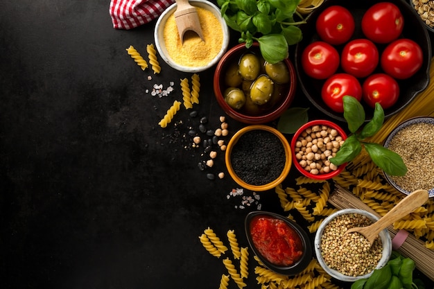 Foto gratuita sfondo alimentare concetto di alimento con vari ingredienti freschi gustosi per la cottura. ingredienti alimentari italiani. vista dall'alto con lo spazio di copia.