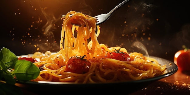 Foto gratuita una forchetta piena di spaghetti al vapore con spaghetti lucidi e un pizzico di salsa di pomodoro