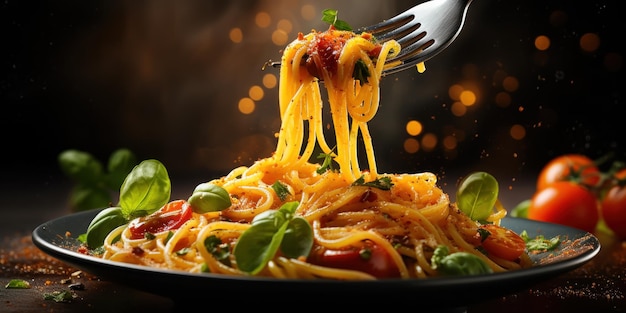 Foto gratuita una forchetta piena di spaghetti al vapore con spaghetti lucidi e un pizzico di salsa di pomodoro