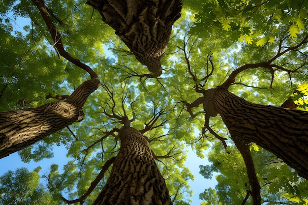 Foto gratuita perspettiva a basso angolo di un albero con un bellissimo baldacchino