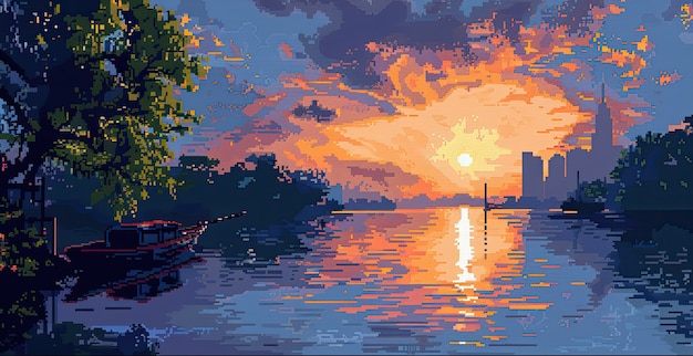 Foto gratuita illustrazione di un paesaggio fluviale in pixel art